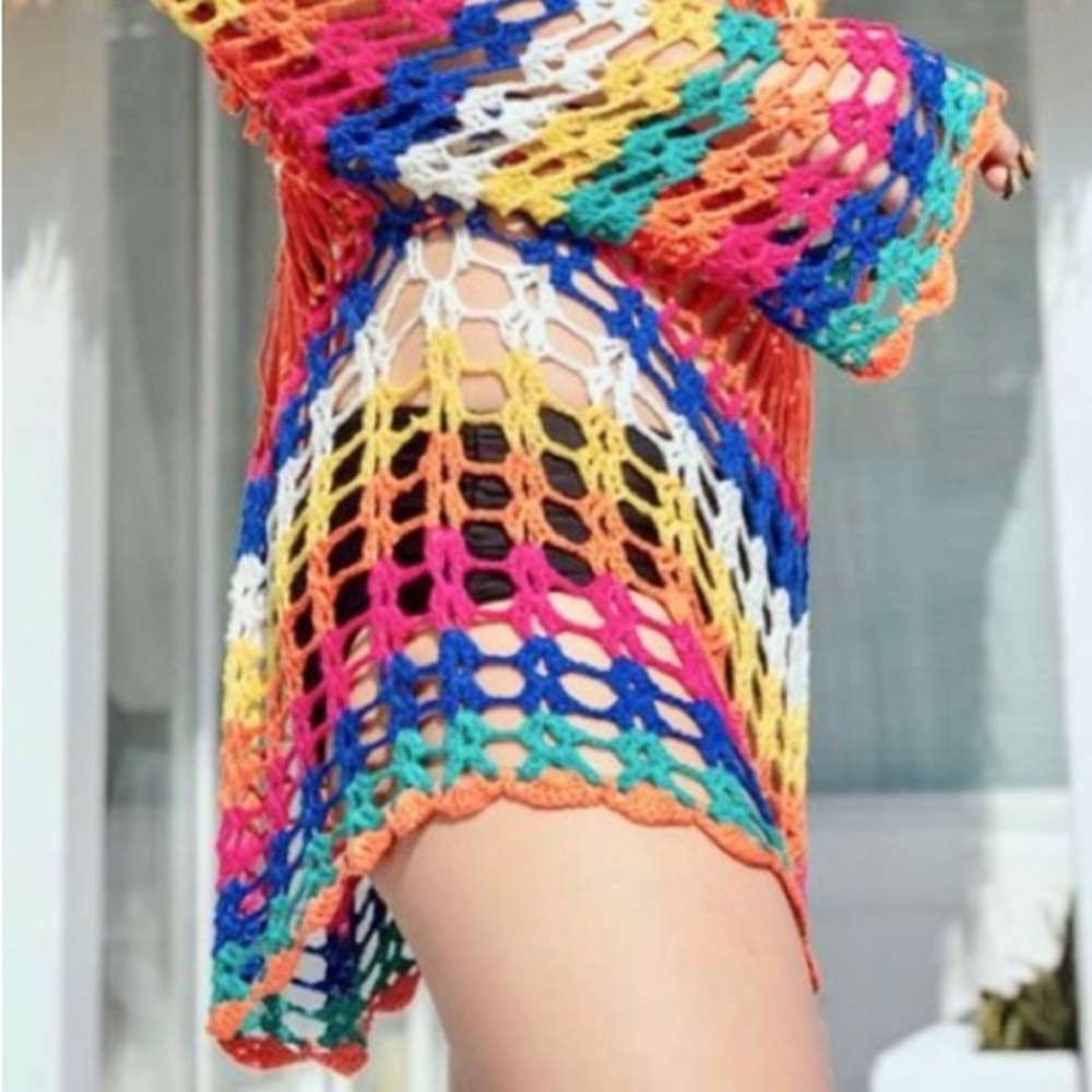 Bohemian Gypsy color block crochet cover up - Picture 3 of 4